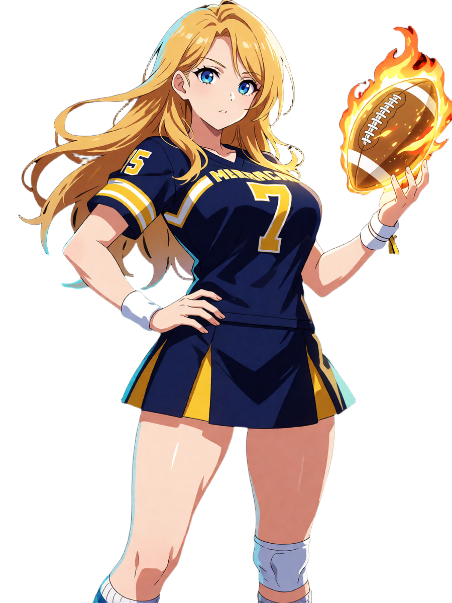 Anime-Cheerleaderin im NFL-Trikot mit leuchtendem Jackpot-Football als Maskottchen f&uuml;r das Online Casino Deutschland von BetScore