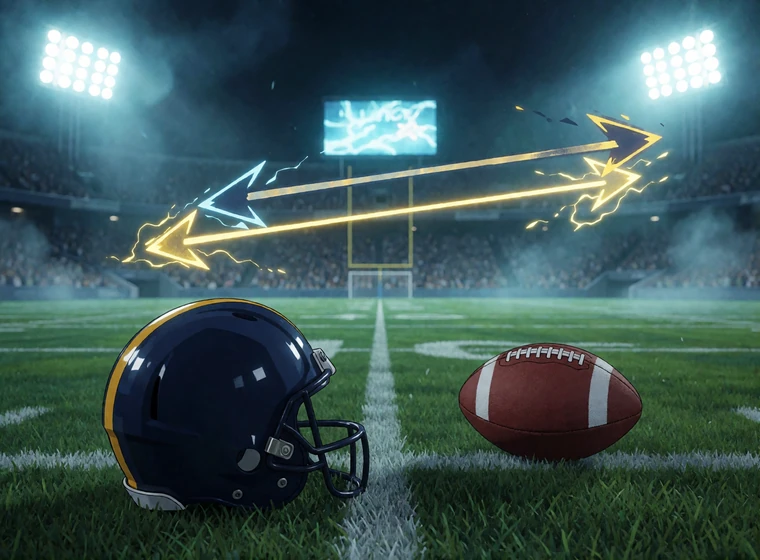 NFL-Feld mit Helm, Football und Yard-Linien zur Erkl&auml;rung von Spreads, Totals und NFL Wett Tipps