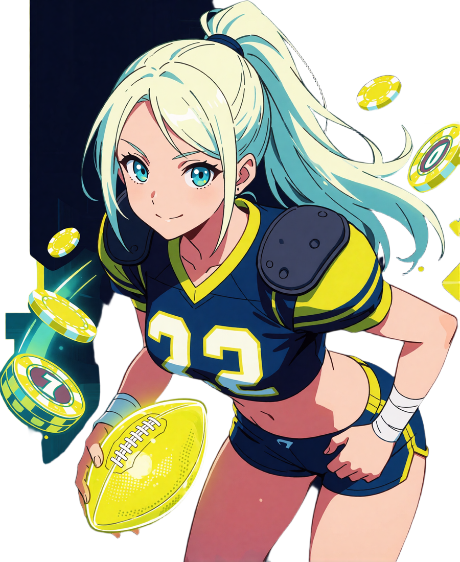 Anime-Figur im NFL-Wide-Receiver-Trikot vor leuchtenden Slot-Walzen als Einstiegsmotiv f&uuml;r die beste Online Slots Auswahl bei BetScore