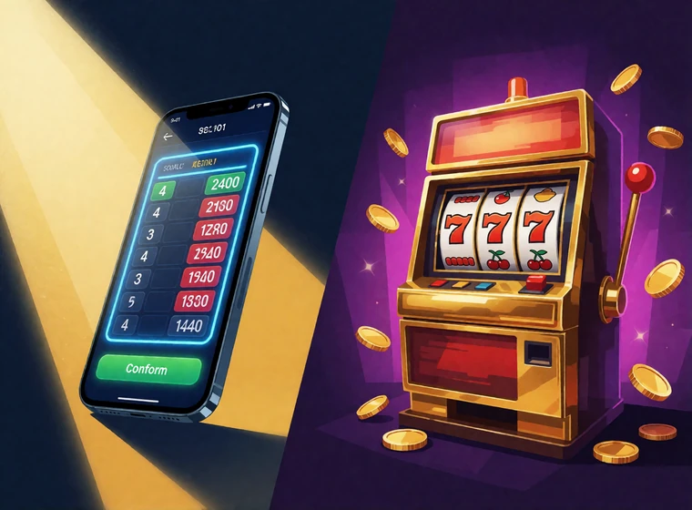 Wettschein mit Quoten und Slot-Walze nebeneinander als Symbol f&uuml;r Sportwetten und Casino in einem Konto bei BetScore