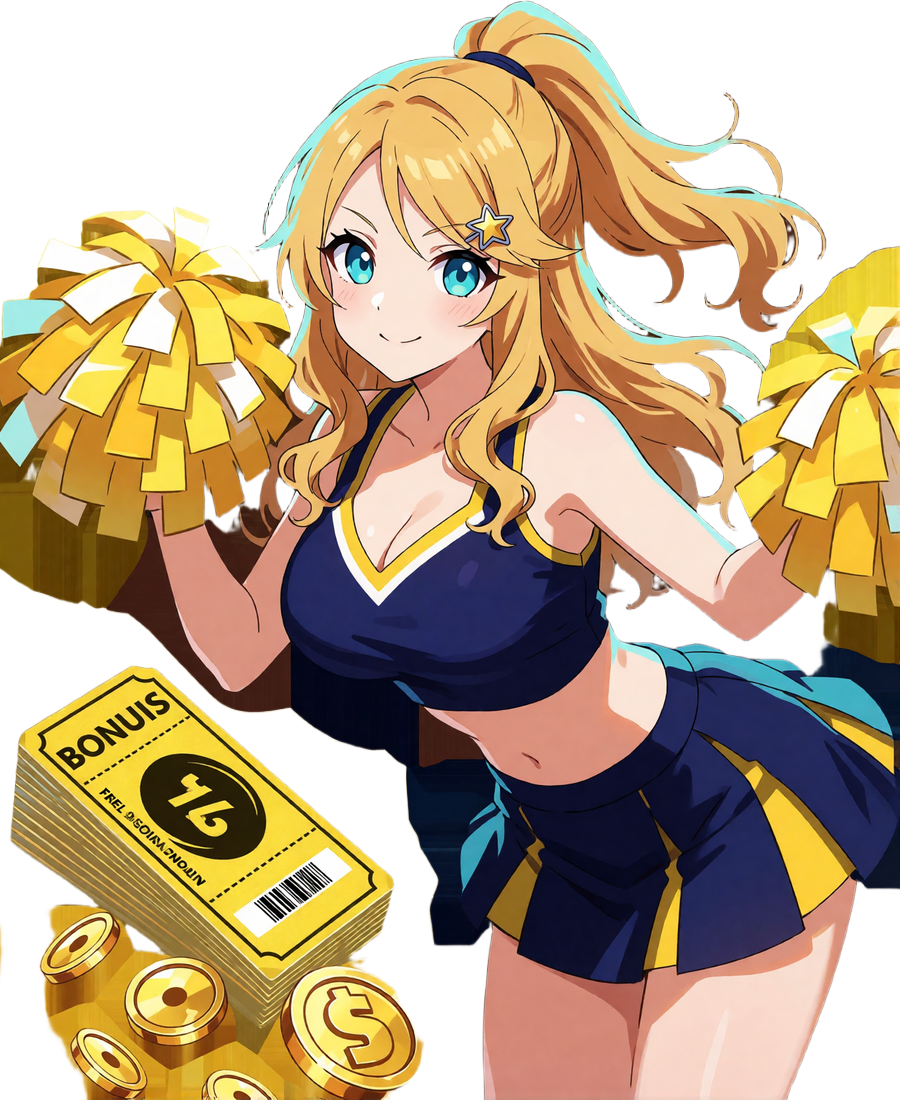 Anime-Cheerleaderin im NFL-Trikot mit Pompons neben Bonus-Tickets und Freispiel-Coins als Motiv f&uuml;r den Casino Bonus bei BetScore