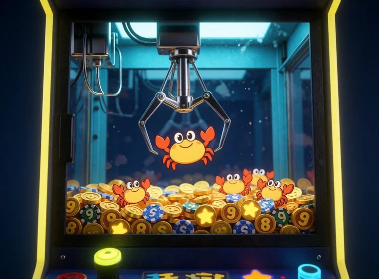 Greifautomat mit Krabben-Token &uuml;ber einem Feld aus Bonus-Symbolen erkl&auml;rt die Bonus-Crabs-Mechanik im BetScore Bonus Shop