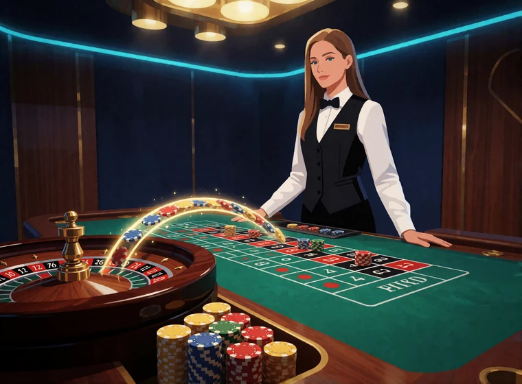 Live-Dealer am Roulettetisch mit zur&uuml;ckflie&szlig;enden Chips als Bild f&uuml;r Live-Casino-Cashback bei BetScore