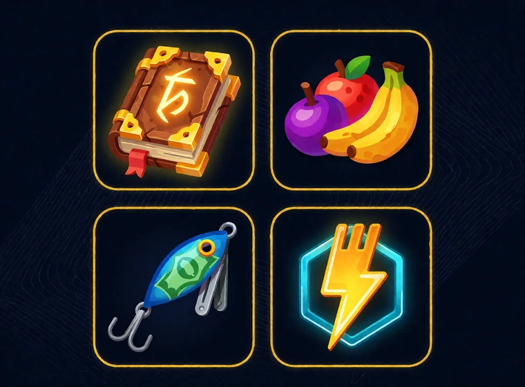Vier stilisierte Slot-Symbole Buch, Frucht, Angel und Blitz als &Uuml;bersicht bekannter Slot-Mechaniken bei BetScore